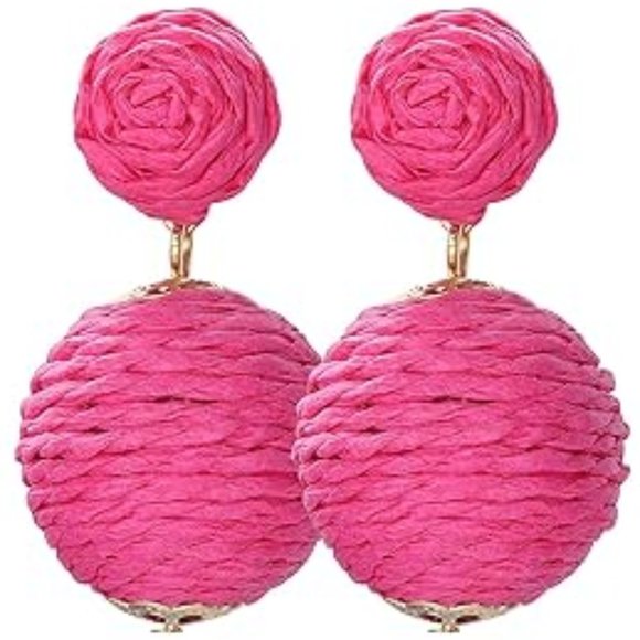 Big Hot Pink Oversized Wicker Ball Earrings Bohemian Vacation Rattan Raffia New - Picture 2 of 4